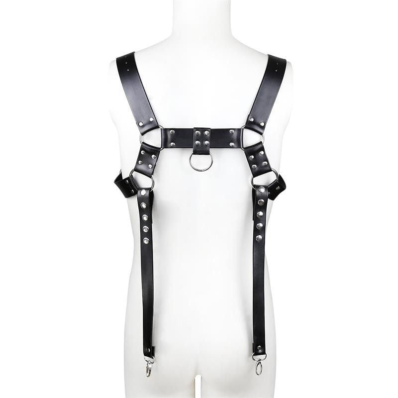 Image of Sex toy leather bondage belt sm prop gay man with a bondage corset tight leather jacket GAY leather pants suspender
